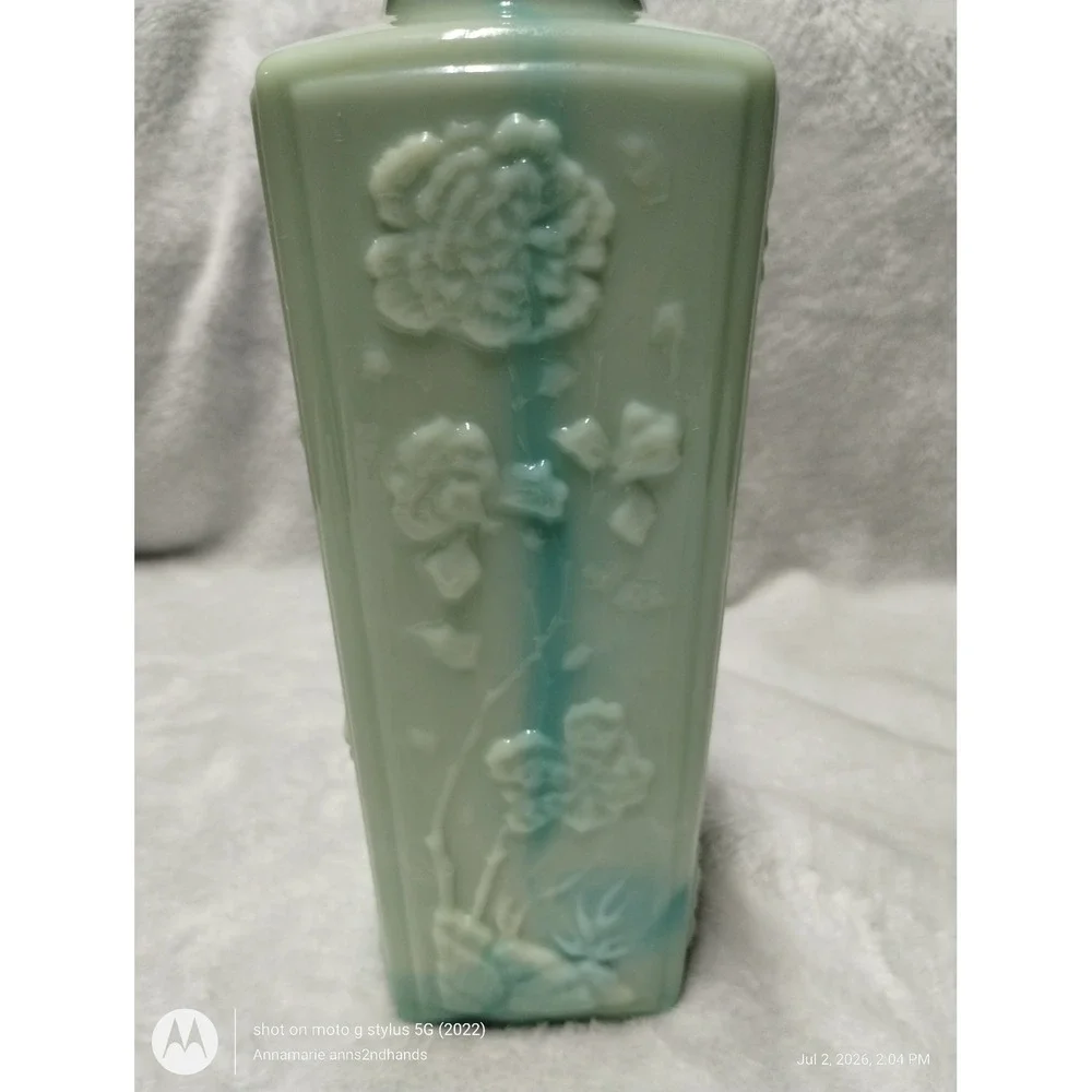 Vintage‎ Blue Green Slag Glass Liquor Bottle Decanter Floral Embossed w/ Stopper